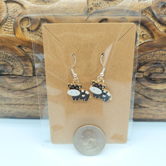 Black Cow Earrings Silver Hooks Novelty Statement Costume Farm Animals - Picture 2 of 2